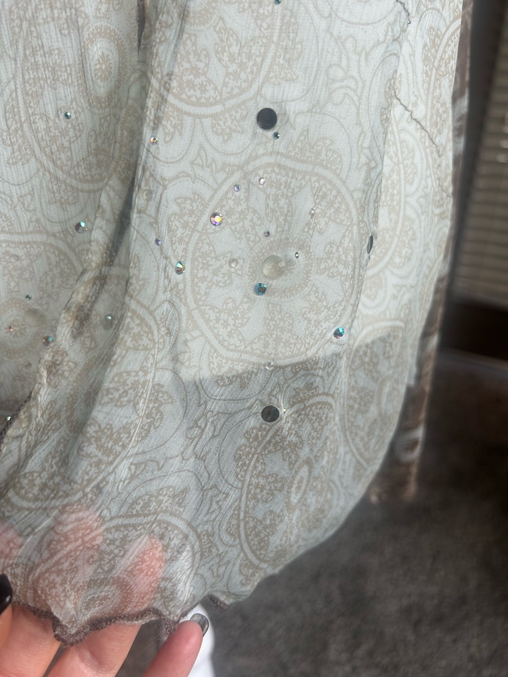 Rozae Nichols 100% Silk Sheer Rhinestone Crinkle Cardigan Jacket M - Picture 9 of 14